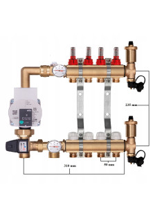 Rozdzielacz mosiężny do podłogówki 4 z GRUPĄ POMPOWĄ WILO + ZŁĄCZKI PEX