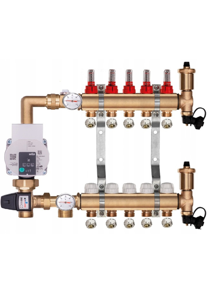 Rozdzielacz mosiężny do podłogówki 5 z GRUPĄ POMPOWĄ WILO + ZŁĄCZKI PEX