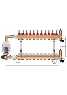 Rozdzielacz mosiężny do podłogówki 11 z GRUPĄ POMPOWĄ WILO + ZŁĄCZKI PEX