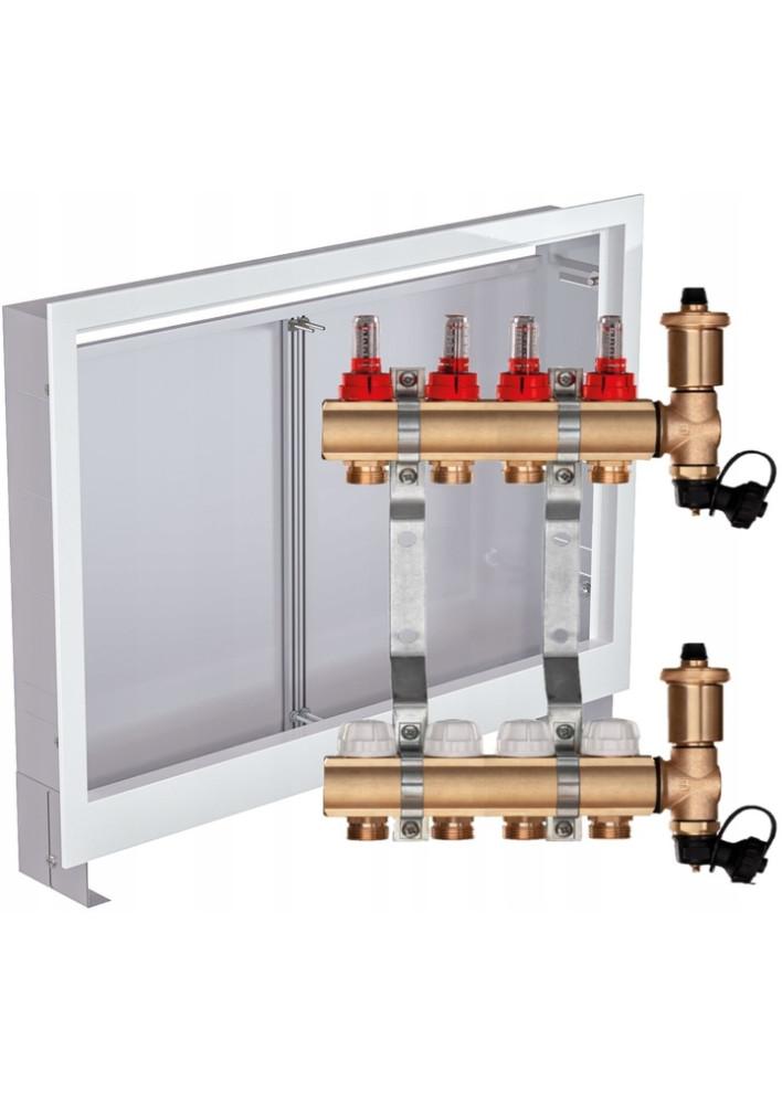 Rozdzielacz mosiężny do podłogówki 4 sekcje ogrzewania + Skrzynka podtynkowa