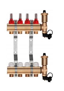 Rozdzielacz mosiężny do podłogówki 4 sekcje ogrzewania + Skrzynka podtynkowa