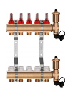 Rozdzielacz mosiężny do podłogówki 5 sekcji ogrzewania + Skrzynka podtynkowa