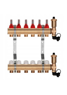 Rozdzielacz mosiężny do podłogówki 6 sekcji ogrzewania + Skrzynka podtynkowa