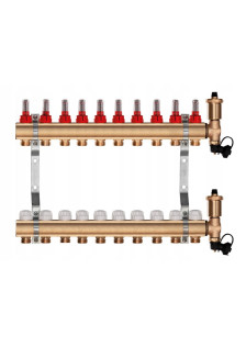 Rozdzielacz mosiężny do podłogówki 10 sekcji ogrzewania + Skrzynka podtynkowa