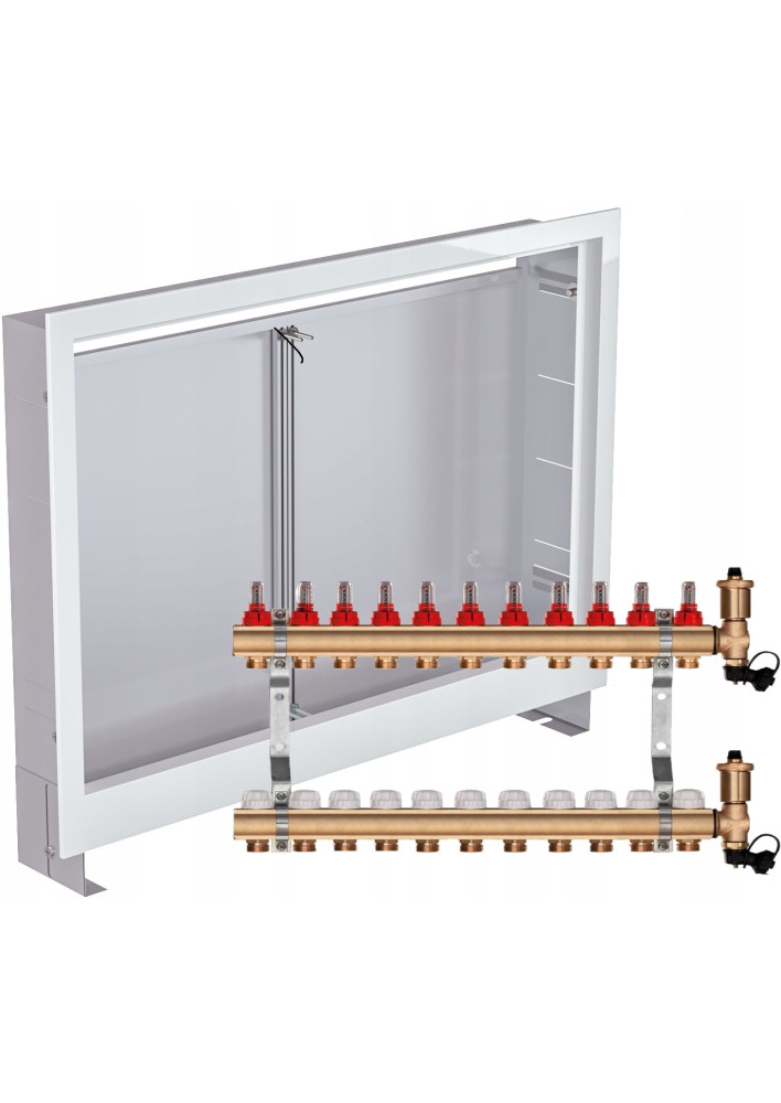Rozdzielacz mosiężny do podłogówki 11 sekcji ogrzewania + Skrzynka podtynkowa