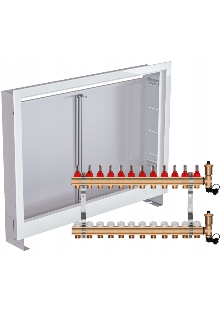Rozdzielacz mosiężny do podłogówki 12 sekcji ogrzewania + Skrzynka podtynkowa