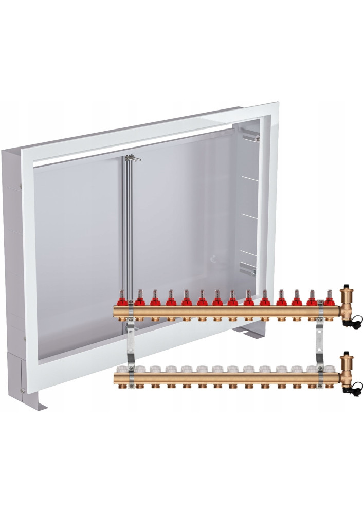 Rozdzielacz mosiężny do podłogówki 14 sekcji ogrzewania + Skrzynka podtynkowa