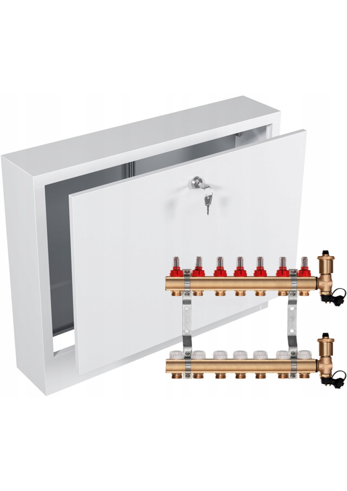 Rozdzielacz mosiężny do podłogówki 7 sekcji ogrzewania + Skrzynka natynkowa