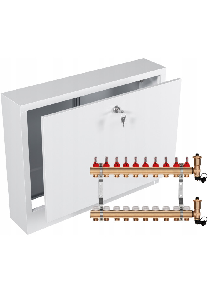 Rozdzielacz mosiężny do podłogówki 10 sekcji ogrzewania + Skrzynka natynkowa