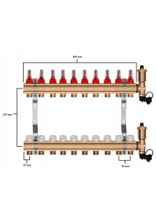 Rozdzielacz mosiężny do podłogówki 10 sekcji ogrzewania + Skrzynka natynkowa