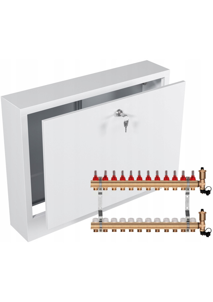Rozdzielacz mosiężny do podłogówki 12 sekcji ogrzewania + Skrzynka natynkowa