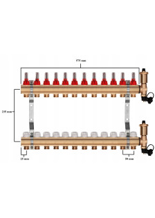 Rozdzielacz mosiężny do podłogówki 12 sekcji ogrzewania + Skrzynka natynkowa