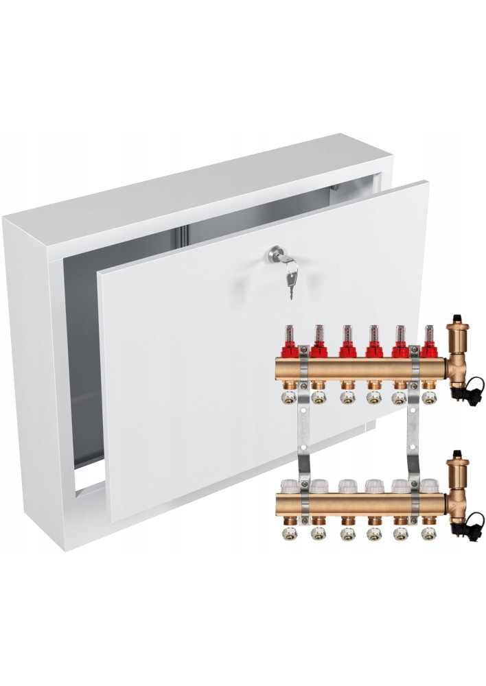 Rozdzielacz do ogrzewania podłogowego C.O 6 + ZŁĄCZKI PEX + SKRZYNKA NATYNKOWA