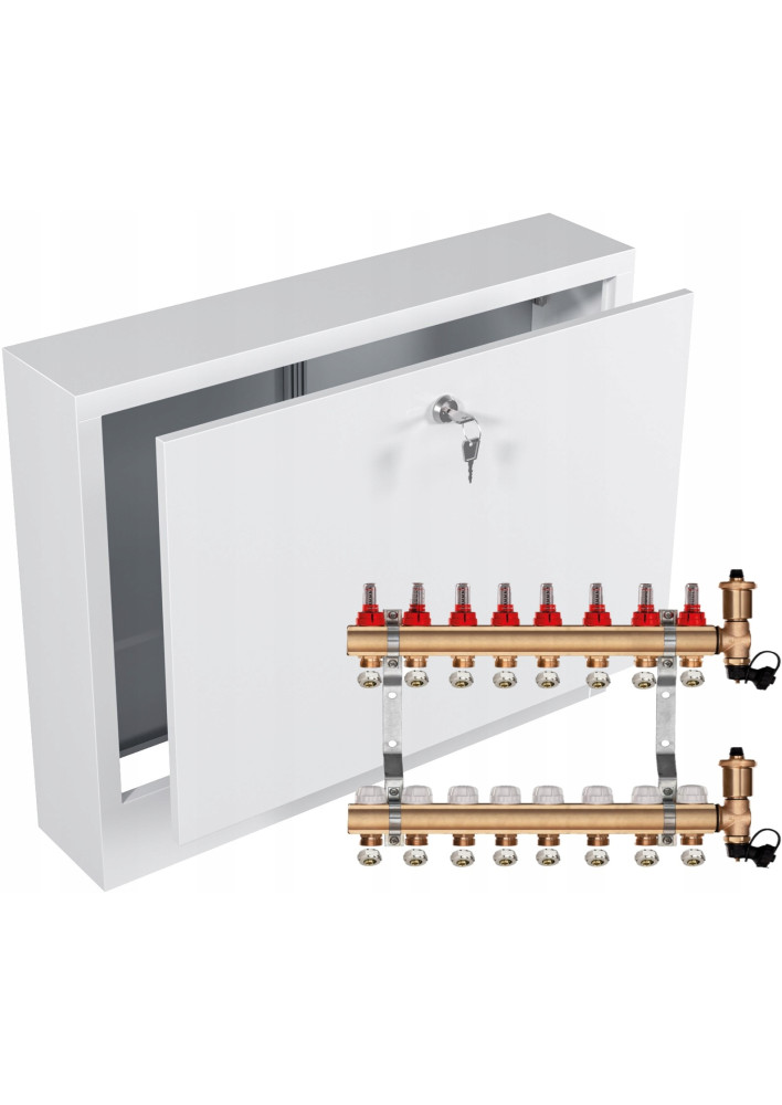 Rozdzielacz do ogrzewania podłogowego C.O 8 + ZŁĄCZKI PEX + SKRZYNKA NATYNKOWA