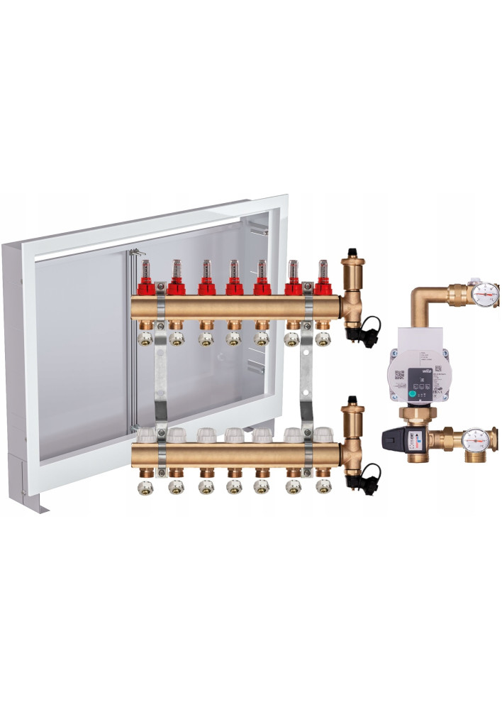Rozdzielacz do podłogówki 7 z GRUPĄ WILO +ZŁĄCZKI PEX +SKRZYNKA PODTYNKOWA