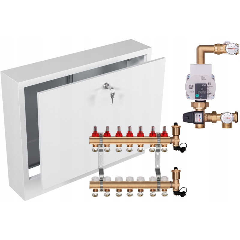 ROZDZIELACZ MOSIĘŻNY 7 SEKCJI Z GRUPĄ POMPOWĄ WILO + ZŁĄCZKI PEX + SKRZYNKA NATYNKOWA