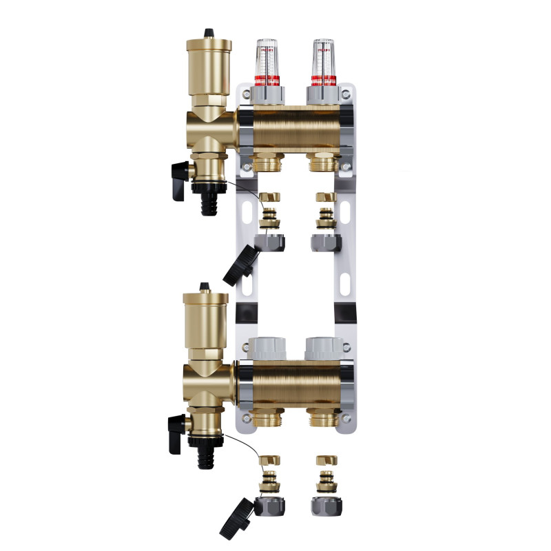 Rozdzielacz mosiężny 2 obwodowy uzbrojony do ogrzewania podłogowego C.O. Ze złączkami PEX