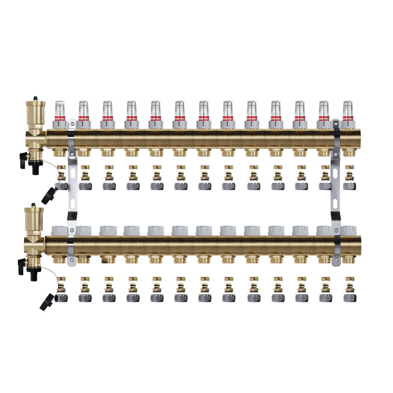 Rozdzielacz mosiężny 13 obwodowy uzbrojony do ogrzewania podłogowego C.O. Ze złączkami PEX