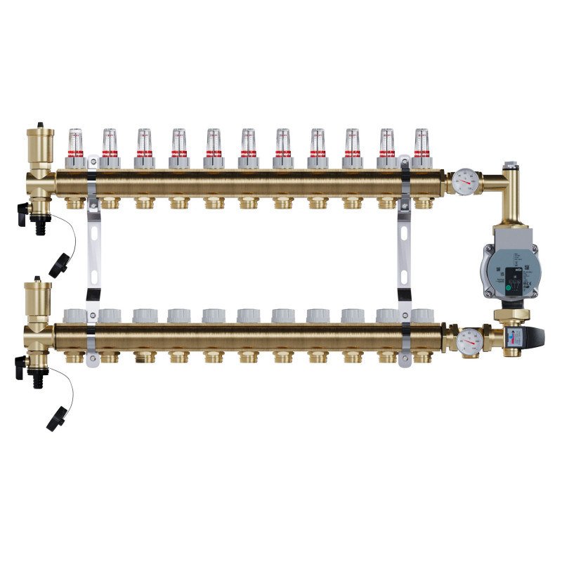 Rozdzielacz mosiężny 11 obwody do C.O. z grupą POMPOWĄ WILO