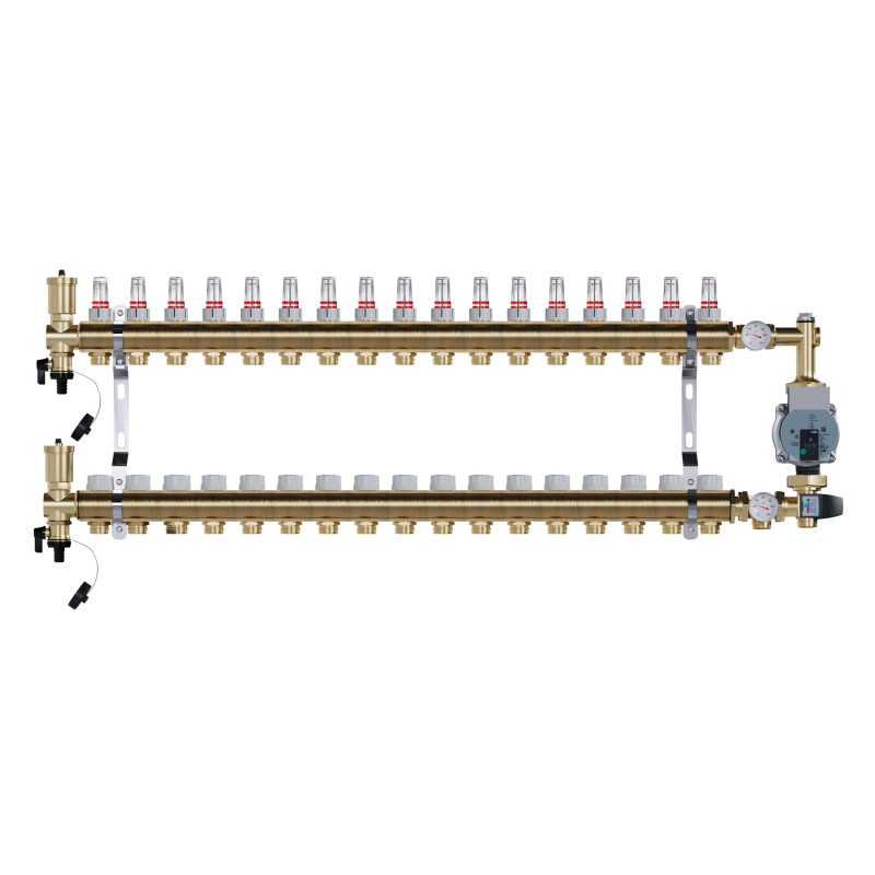 Rozdzielacz mosiężny 17 obwody do C.O. z grupą POMPOWĄ WILO