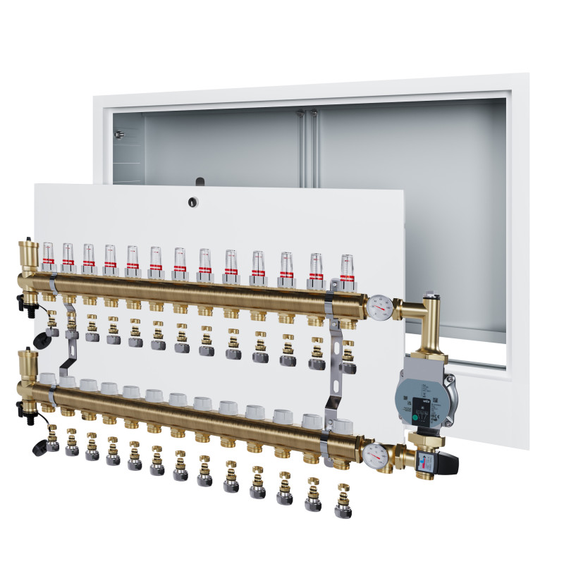 Rozdzielacz mosiężny 13 obwodowy ze złączkami PEX + Pompowa WILO oraz SKRZYNKA PODTYKOWA do ogrzewania podłogowego C.O.