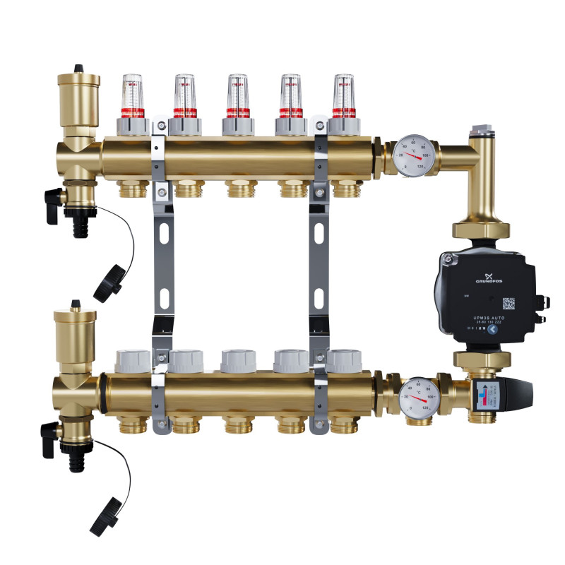 Rozdzielacz mosiężny 5 obwodów do ogrzewania podłogowego z POMPĄ GRUNDFOS