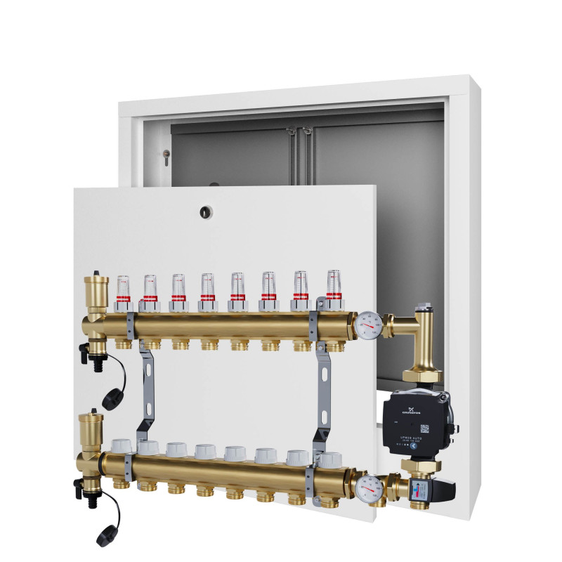 Rozdzielacz mosiężny 8 sekcyjny z  Pompą GRUNDFOS oraz SKRZYNKA NATYNKOWA do ogrzewania podłogowego C.O.