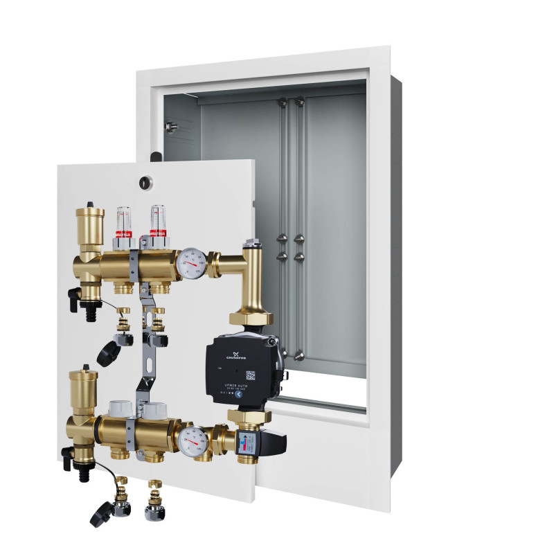 Rozdzielacz mosiężny 2 obwodowy ze złączkami PEX + Pompowa GRUNDFOS oraz SKRZYNKA PODTYNKOWA do ogrzewania podłogowego C.O.