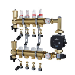 Rozdzielacz mosiężny 4 obwodowy ze złączkami PEX + Pompowa GRUNDFOS oraz SKRZYNKA PODTYNKOWA do ogrzewania podłogowego C.O.