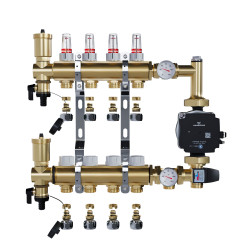 Rozdzielacz mosiężny 4 obwodowy ze złączkami PEX + Pompowa GRUNDFOS oraz SKRZYNKA PODTYNKOWA do ogrzewania podłogowego C.O.