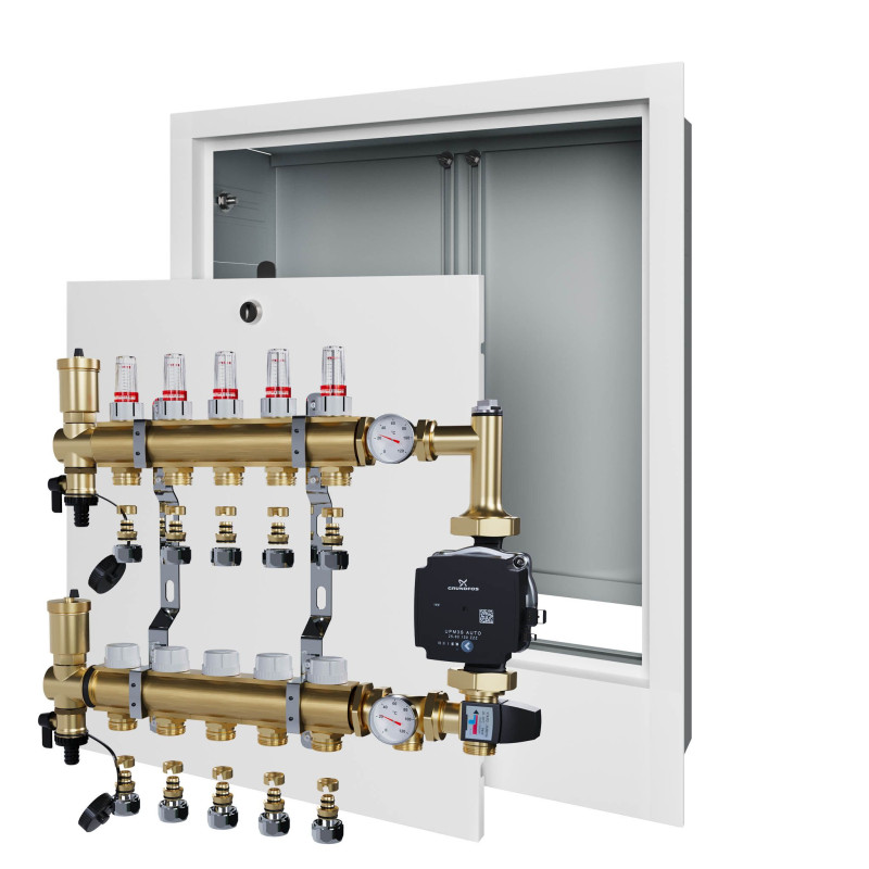 Rozdzielacz mosiężny 5 obwodowy ze złączkami PEX + Pompowa GRUNDFOS oraz SKRZYNKA PODTYKOWA do ogrzewania podłogowego C.O.