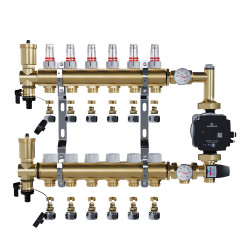 Rozdzielacz mosiężny 6 obwodowy ze złączkami PEX + Pompowa GRUNDFOS oraz SKRZYNKA PODTYNKOWA do ogrzewania podłogowego C.O.