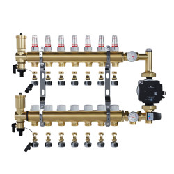 Rozdzielacz mosiężny 7 obwodowy ze złączkami PEX + Pompowa GRUNDFOS oraz SKRZYNKA PODTYNKOWA do ogrzewania podłogowego C.O.