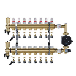 Rozdzielacz mosiężny 8 obwodowy ze złączkami PEX + Pompowa GRUNDFOS oraz SKRZYNKA PODTYNKOWA do ogrzewania podłogowego C.O.