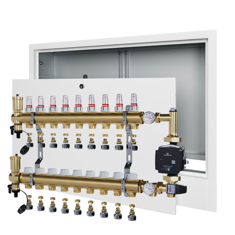 Rozdzielacz mosiężny 9 obwodowy ze złączkami PEX + Pompowa GRUNDFOS oraz SKRZYNKA PODTYNKOWA do ogrzewania podłogowego C.O.