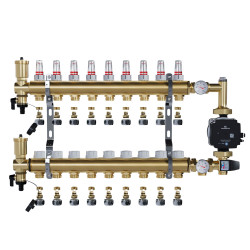 Rozdzielacz mosiężny 9 obwodowy ze złączkami PEX + Pompowa GRUNDFOS oraz SKRZYNKA PODTYNKOWA do ogrzewania podłogowego C.O.
