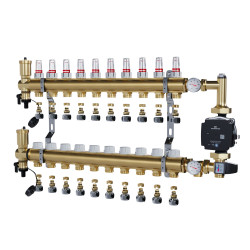 Rozdzielacz mosiężny 10 obwodowy ze złączkami PEX + Pompowa GRUNDFOS oraz SKRZYNKA PODTYNKOWA do ogrzewania podłogowego C.O.