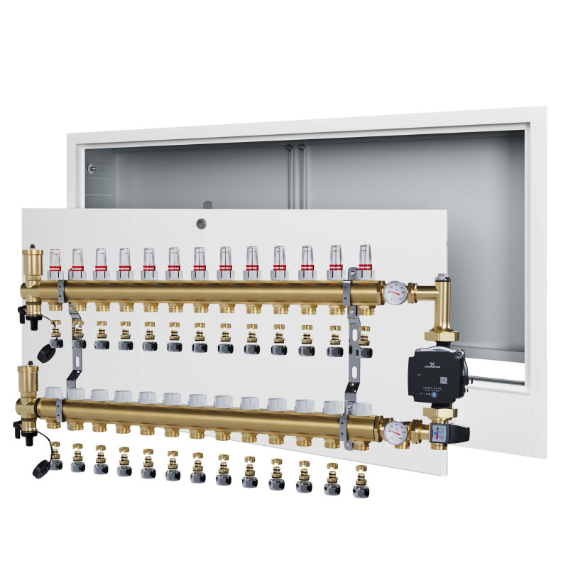 Rozdzielacz mosiężny 13 obwodowy ze złączkami PEX + Pompowa GRUNDFOS oraz SKRZYNKA PODTYNKOWA do ogrzewania podłogowego C.O.