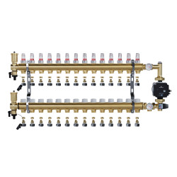 Rozdzielacz mosiężny 14 obwodowy ze złączkami PEX + Pompowa GRUNDFOS oraz SKRZYNKA PODTYNKOWA do ogrzewania podłogowego C.O.