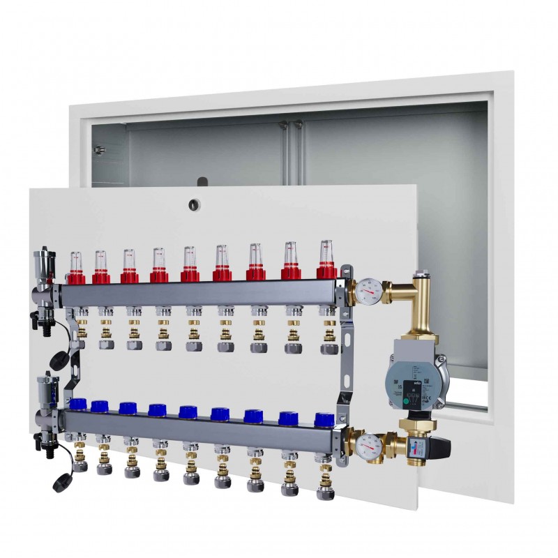 Rozdzielacz nierdzewny 9 obwodowy ze złączkami PEX + Pompowa WILO oraz SKRZYNKA PODTYNKOWA do ogrzewania podłogowego C.O.