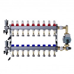 Rozdzielacz nierdzewny 9 obwodowy ze złączkami PEX + Pompowa WILO oraz SKRZYNKA PODTYNKOWA do ogrzewania podłogowego C.O.