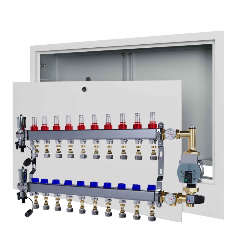Rozdzielacz nierdzewny 10 obwodowy ze złączkami PEX + Pompowa WILO oraz SKRZYNKA PODTYKOWA do ogrzewania podłogowego C.O.